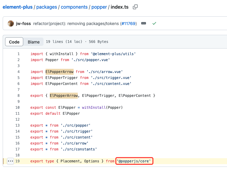 Element-Plus 仓库中关于 @popper/core 的部分截图